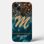 Blauwgroen blauw gepersonaliseerd glitter monogram Case-Mate iPhone case (Achterkant)