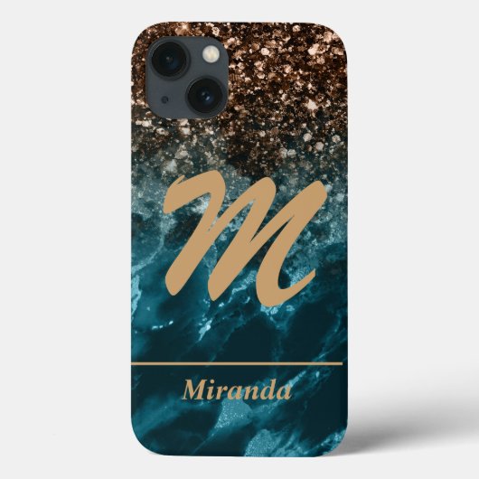 Blauwgroen blauw gepersonaliseerd glitter monogram Case-Mate iPhone case (Achterkant)