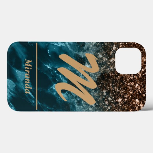 Blauwgroen blauw gepersonaliseerd glitter monogram Case-Mate iPhone case (Achterkant (horizontaal))