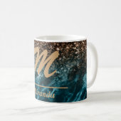 Blauwgroen blauw gepersonaliseerd glitter monogram koffiemok (Voorkant rechts)