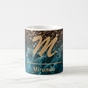 Blauwgroen blauw gepersonaliseerd glitter monogram koffiemok