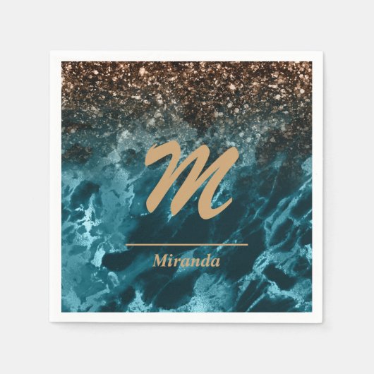 Blauwgroen blauw gepersonaliseerd glitter monogram servet (Voorkant)