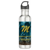 Blauwgroen blauw gepersonaliseerd glitter monogram waterfles  (Voorkant)