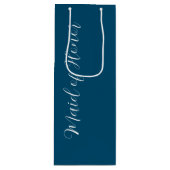 Blauwgroen blauw gestileerd script Maid of Honor Wijn Cadeautas (Voorkant)