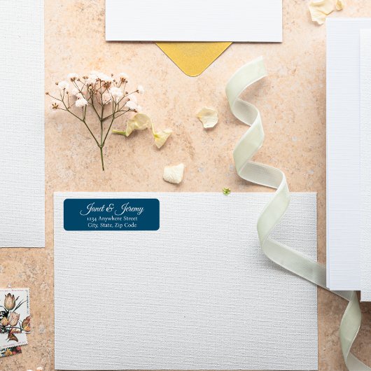 Blauwgroen blauw gestileerde namen bruiloft retour etiket