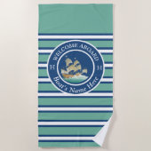 Blauwgroen blauw gestreepte nautische bootnaam zei strandlaken (Voorkant)