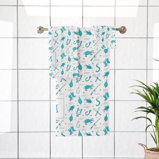 Blauwgroen blauw Gevist naadloze patroonmonogramme Bad Handdoek