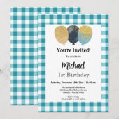 Blauwgroen Blauw Gingham, Feestballonnen 1e Verjaa Kaart (Voorkant / Achterkant)