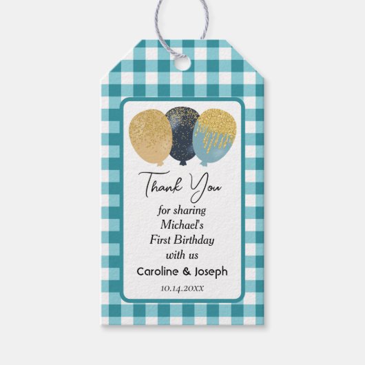 Blauwgroen Blauw Gingham Glitter Ballons Verjaard Cadeaulabel (Voorkant)