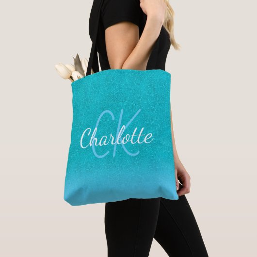 Blauwgroen blauw glitter aqua groene monogram init tote bag (Dichtbij)