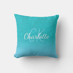 Blauwgroen blauw glitter aqua zee groen monogram buitenkussen