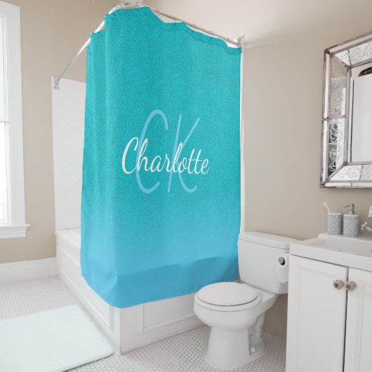 Blauwgroen blauw glitter aqua zee groen monogram i douchegordijn (In situ)