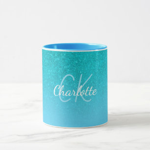 Blauwgroen blauw glitter aqua zee groen monogram i mok
