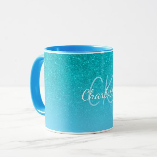 Blauwgroen blauw glitter aqua zee groen monogram i mok (Voorkant links)
