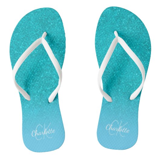 Blauwgroen blauw glitter aqua zee groen monogram i teenslippers (Voetbed)