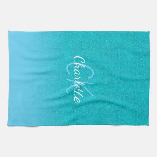 Blauwgroen blauw glitter aqua zee groen monogram i theedoek (Horizontaal)