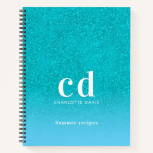 Blauwgroen blauw glitter aqua zee groen monogram notitieboek
