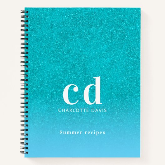 Blauwgroen blauw glitter aqua zee groen monogram notitieboek (Voorkant)