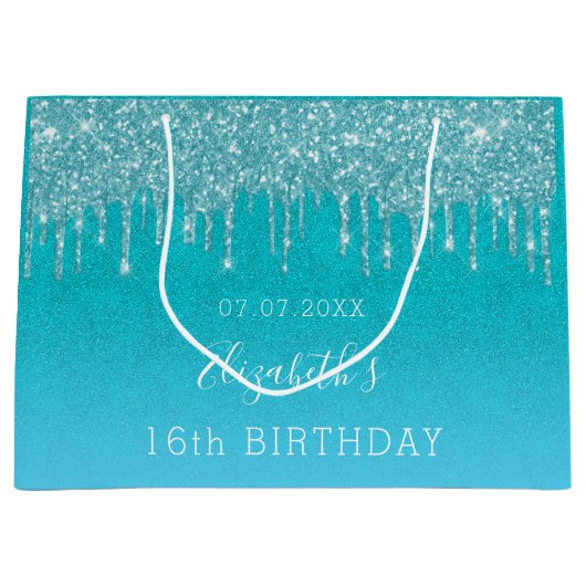Blauwgroen blauw glitter drift monogram groot cadeauzakje (Voorkant)