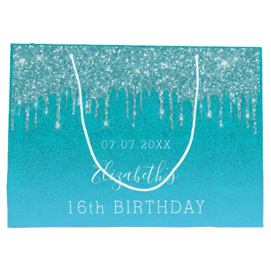 Blauwgroen blauw glitter drift monogram groot cadeauzakje (Achterkant)