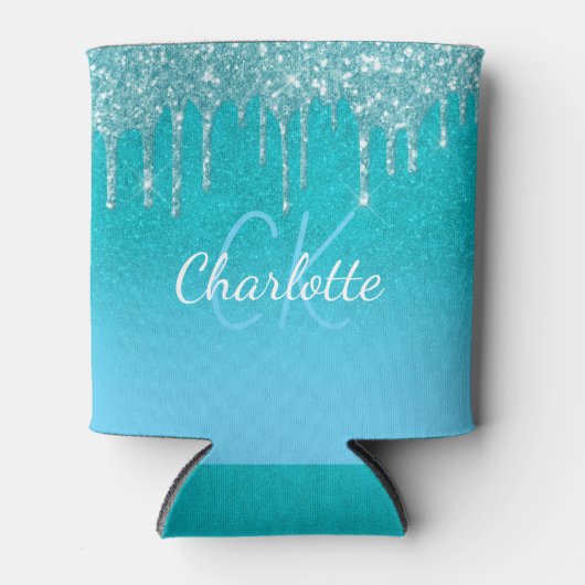 Blauwgroen blauw glitter drip aqua zee groen monog blikjeskoeler (Voorkant)
