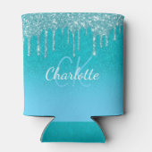 Blauwgroen blauw glitter drip aqua zee groen monog blikjeskoeler (Achterkant)