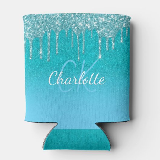 Blauwgroen blauw glitter drip aqua zee groen monog blikjeskoeler (Achterkant)