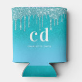 Blauwgroen blauw glitter drip aqua zee groen monog blikjeskoeler (Achterkant)