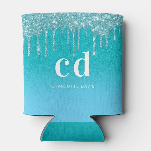 Blauwgroen blauw glitter drip aqua zee groen monog blikjeskoeler (Achterkant)