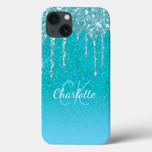 Blauwgroen blauw glitter drip aqua zee groen monog Case-Mate iPhone case (Achterkant)