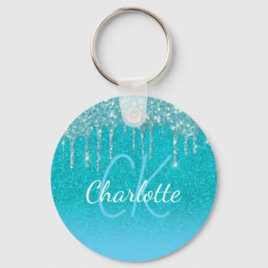 Blauwgroen blauw glitter druppelt watergroen monog sleutelhanger (Voorkant)