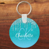 Blauwgroen blauw glitter druppelt watergroen monog sleutelhanger (Voorkant)