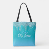 Blauwgroen blauw glitter druppelt watergroen monog tote bag (Achterkant)