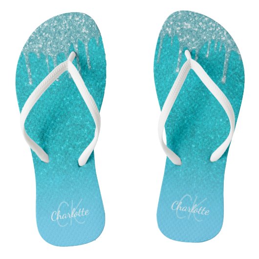 Blauwgroen blauw glitter druppelt waterige zee gro teenslippers (Voetbed)