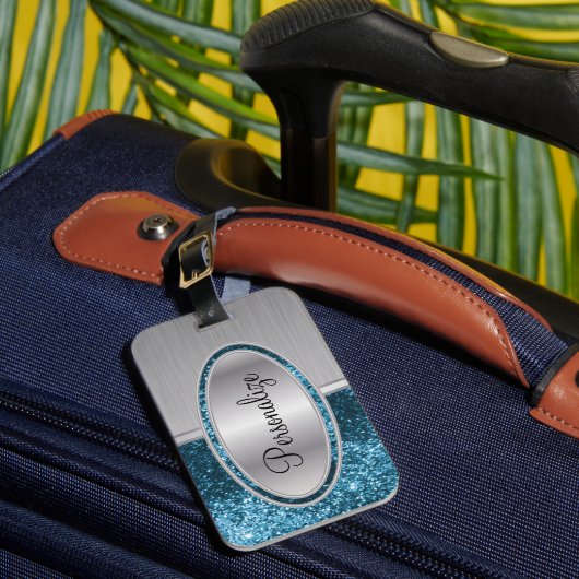 Blauwgroen blauw glitter en penseelstaal bagagelabel (Voorkant Insitu 1)