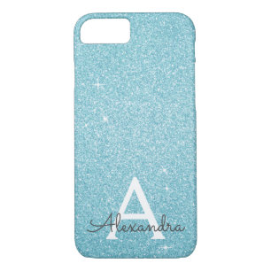Blauwgroen blauw glitter en spaarmonogram 	iPhone 8/7 hoesje