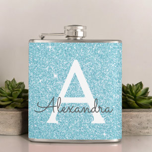 Blauwgroen blauw glitter en spaarmonogram heupfles