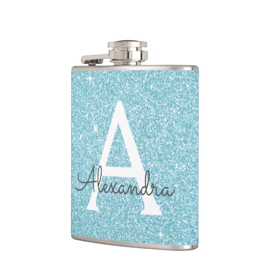 Blauwgroen blauw glitter en spaarmonogram heupfles (Links)