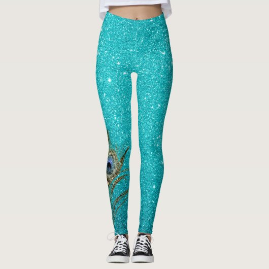 Blauwgroen blauw glitter-glam met peacock-doether leggings (Voorkant)