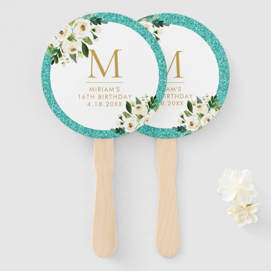 Blauwgroen blauw Glitter Gray Floral Monogram Handwaaier (Voorkant en achterkant)