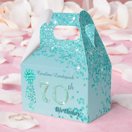 Blauwgroen blauw glitter & lint 70e verjaardag bedankdoosjes
