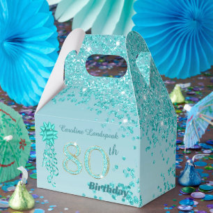 Blauwgroen blauw glitter & lint 80e verjaardag bedankdoosjes