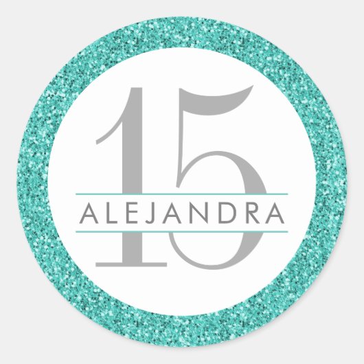 Blauwgroen blauw Glitter Quince Años Favor Sticker (Voorkant)