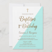 Blauwgroen Blauw Gold Cross Baptisme 1e verjaardag Kaart (Voorkant)