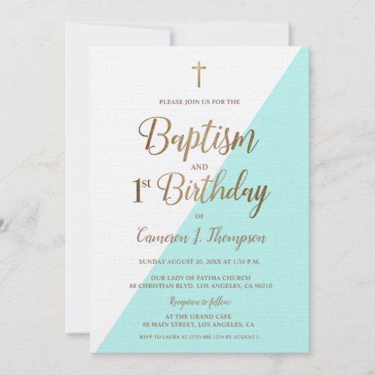 Blauwgroen Blauw Gold Cross Baptisme 1e verjaardag Kaart (Voorkant)