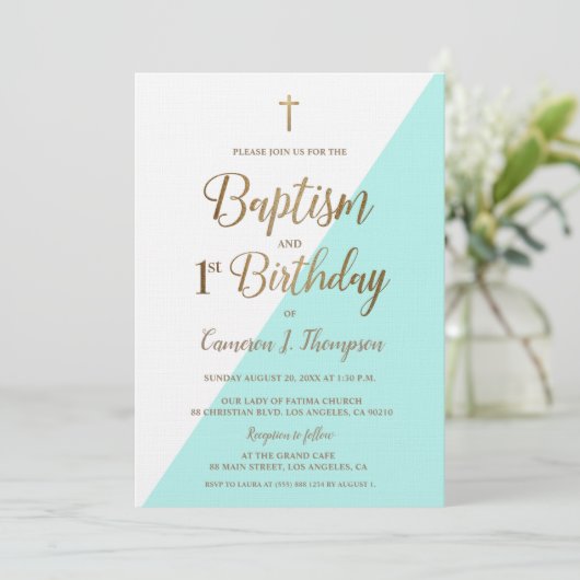 Blauwgroen Blauw Gold Cross Baptisme 1e verjaardag Kaart (Staand voorkant)