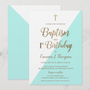Blauwgroen Blauw Gold Cross Baptisme 1e verjaardag Kaart