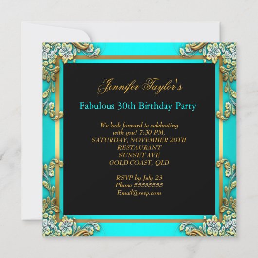 Blauwgroen blauw goud 30e verjaardag op hoge hoogt kaart (Achterkant)