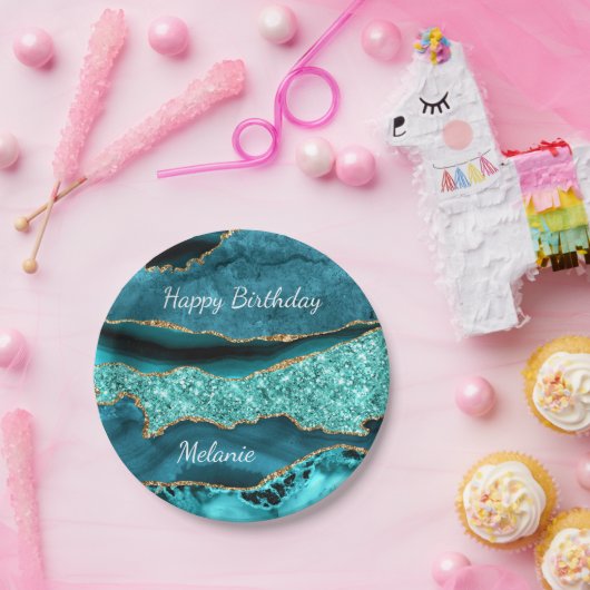 Blauwgroen Blauw Goud Aangepaste Naam Verjaardag P Papieren Bordje (Feest)