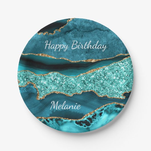 Blauwgroen Blauw Goud Aangepaste Naam Verjaardag P Papieren Bordje (Voorkant)